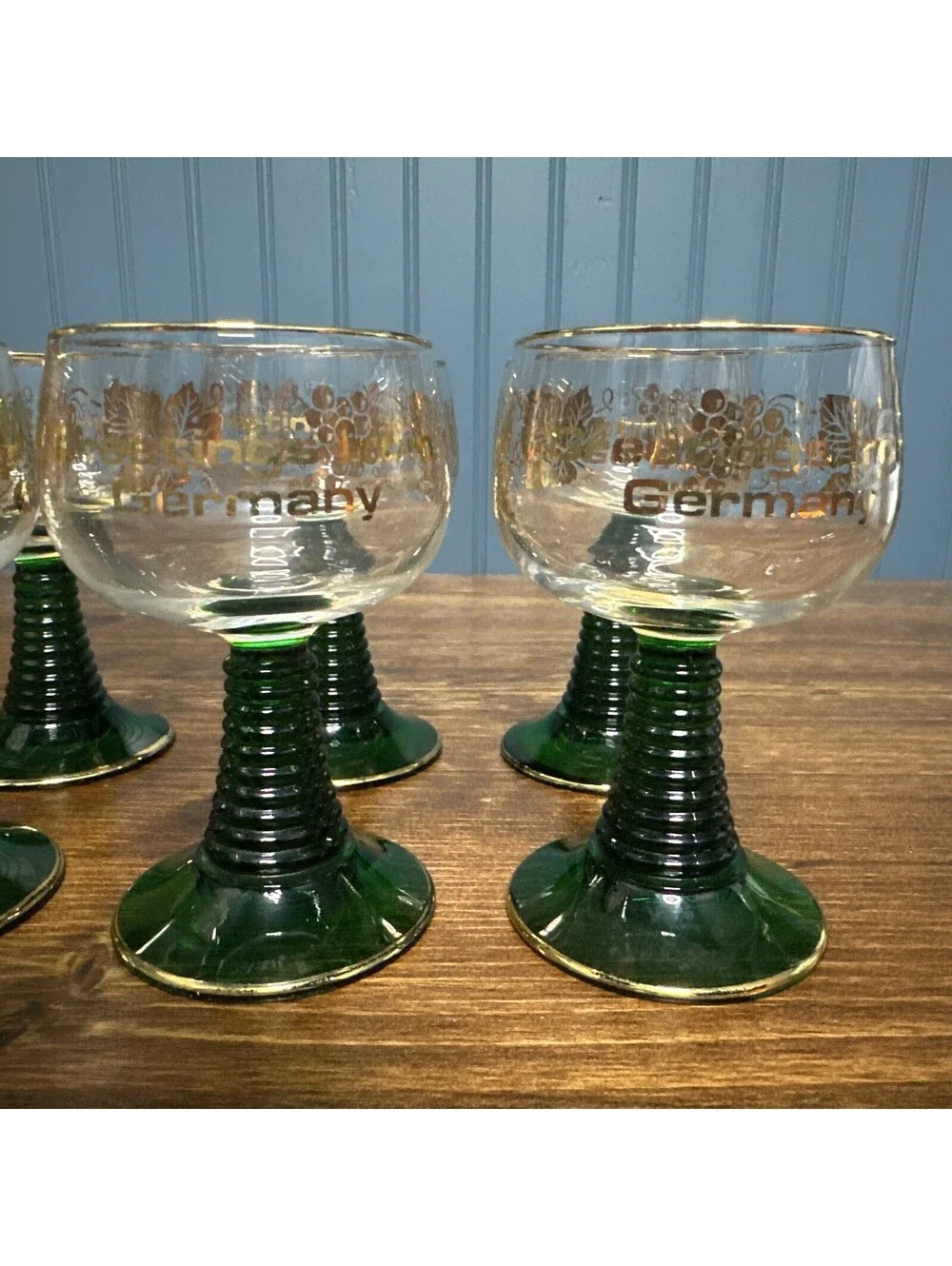 Vintage Greetings Germany Green Stem Gold Rim Wine Goblets Glasses Set of 6